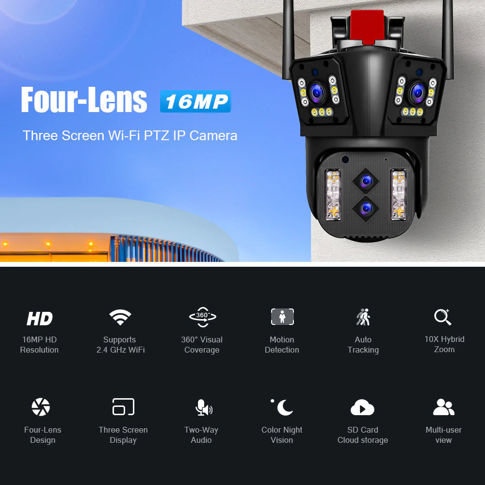 Outdoor 16MP HD IP Camera Four Lenses Three-Screen, PTZ  Color & Night Vision